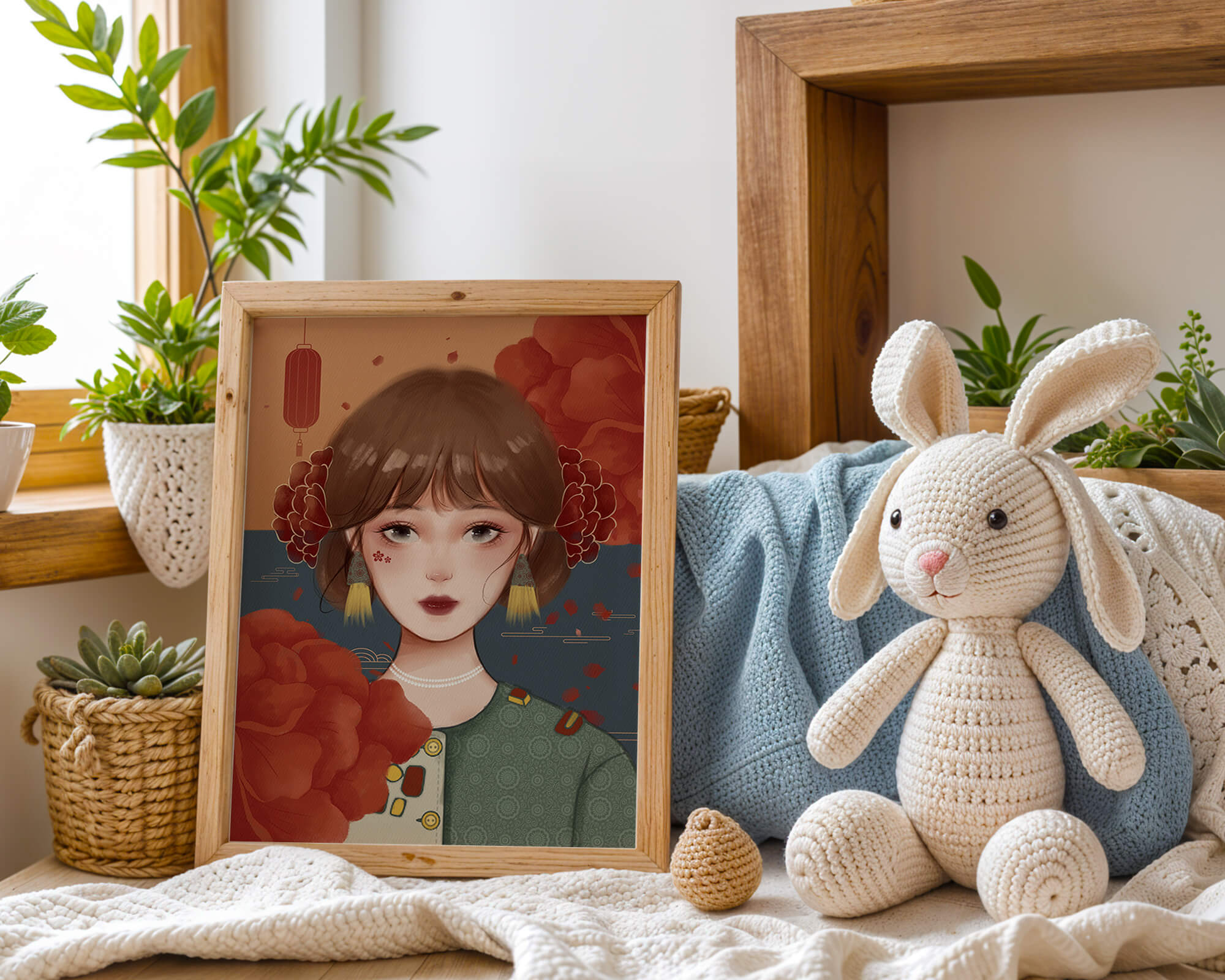 Illustration of a woman adorned with floral elements and traditional accessories