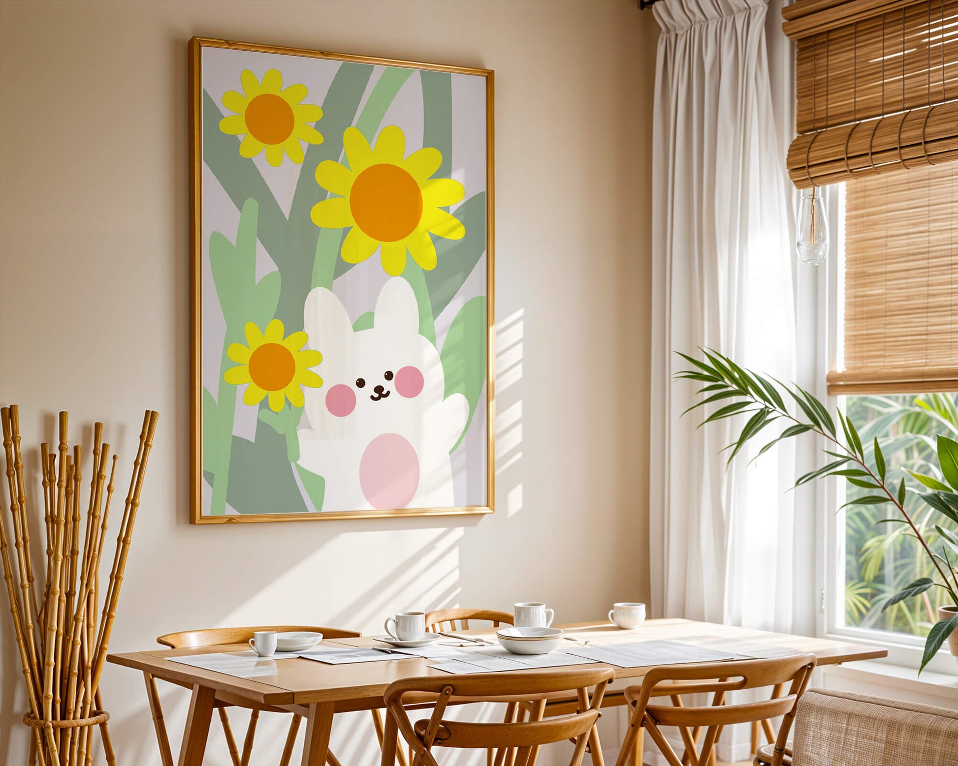 Adorable bunny with vibrant flowers cartoon illustration