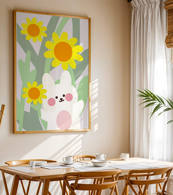 Adorable bunny with vibrant flowers cartoon illustration