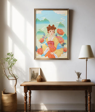 Traditional Asian Art with Woman in Hanfu Surrounded by Mountains and Peonies
