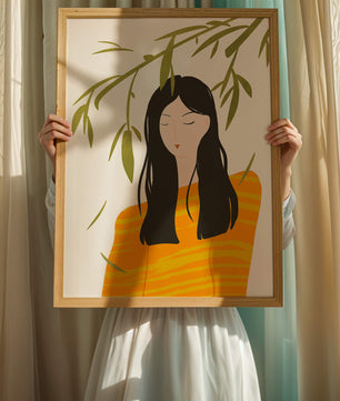 Illustration d'une femme en pull orange avec un fond de feuillage