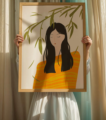 Woman in orange sweater with foliage backdrop illustration
