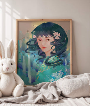 Retrato onírico de una niña con elementos florales y fondo natural