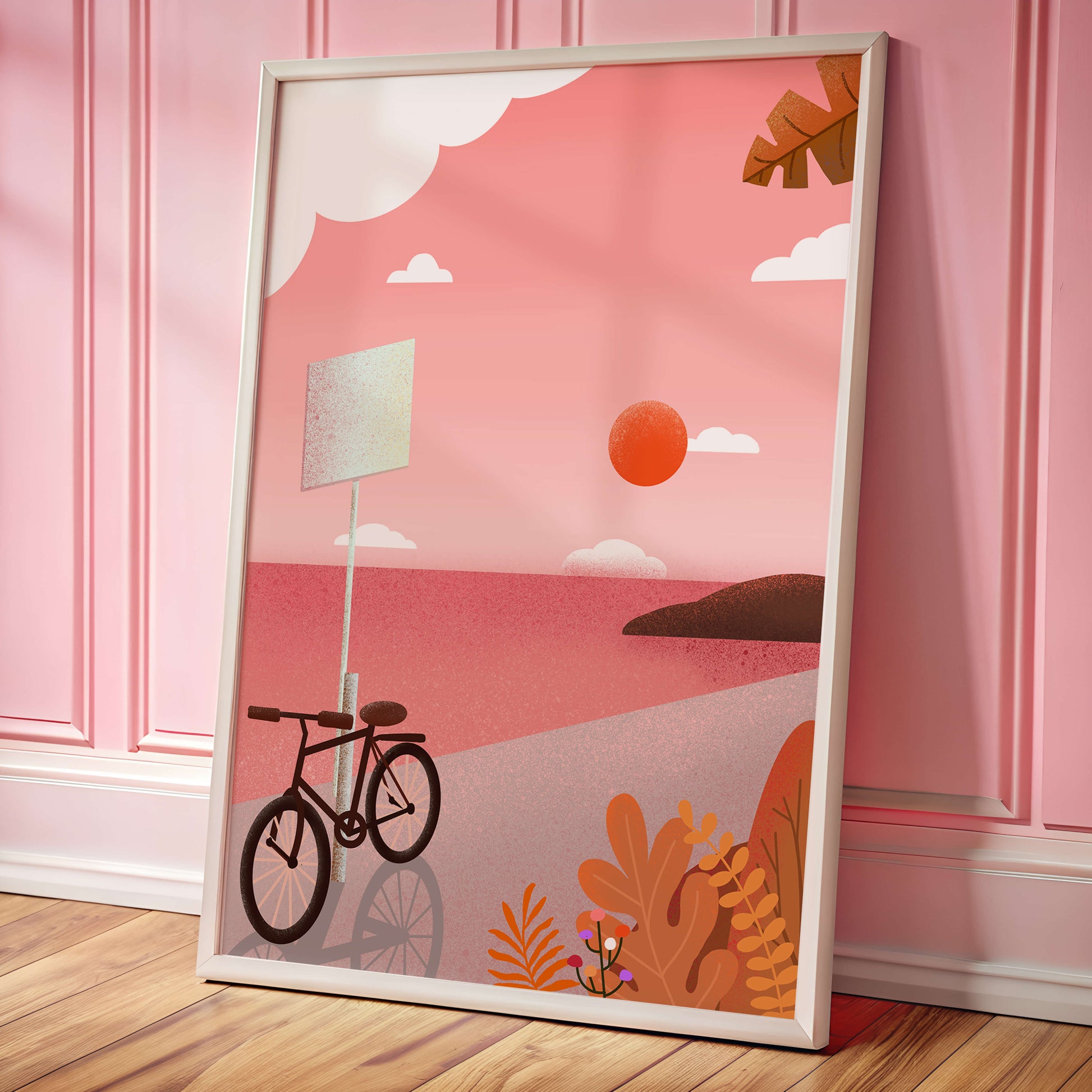 Serene sunset with bicycle by the sea in pastel colors