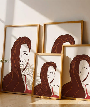 Ilustración estilizada de una mujer con cabello fluyendo y diseño minimalista
