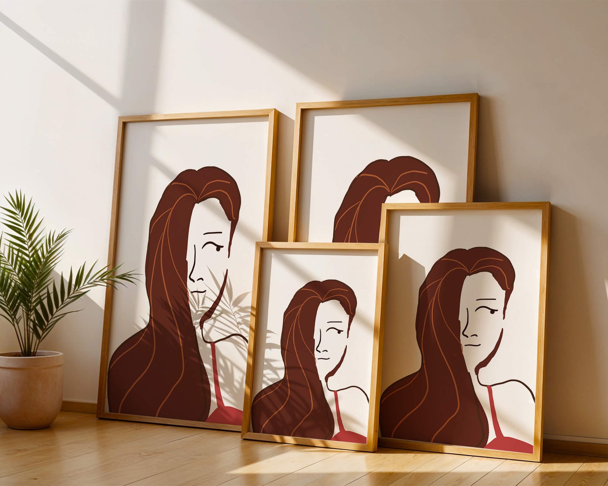 Ilustración estilizada de una mujer con cabello fluyendo y diseño minimalista