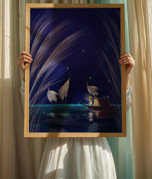 Serene night scene with graceful cranes and a magical boat ride