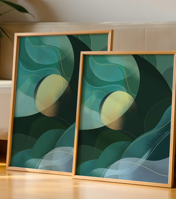 Abstract green and blue fluid shapes with gradient effect