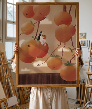 Whimsical illustration of girl with giant oranges and branches