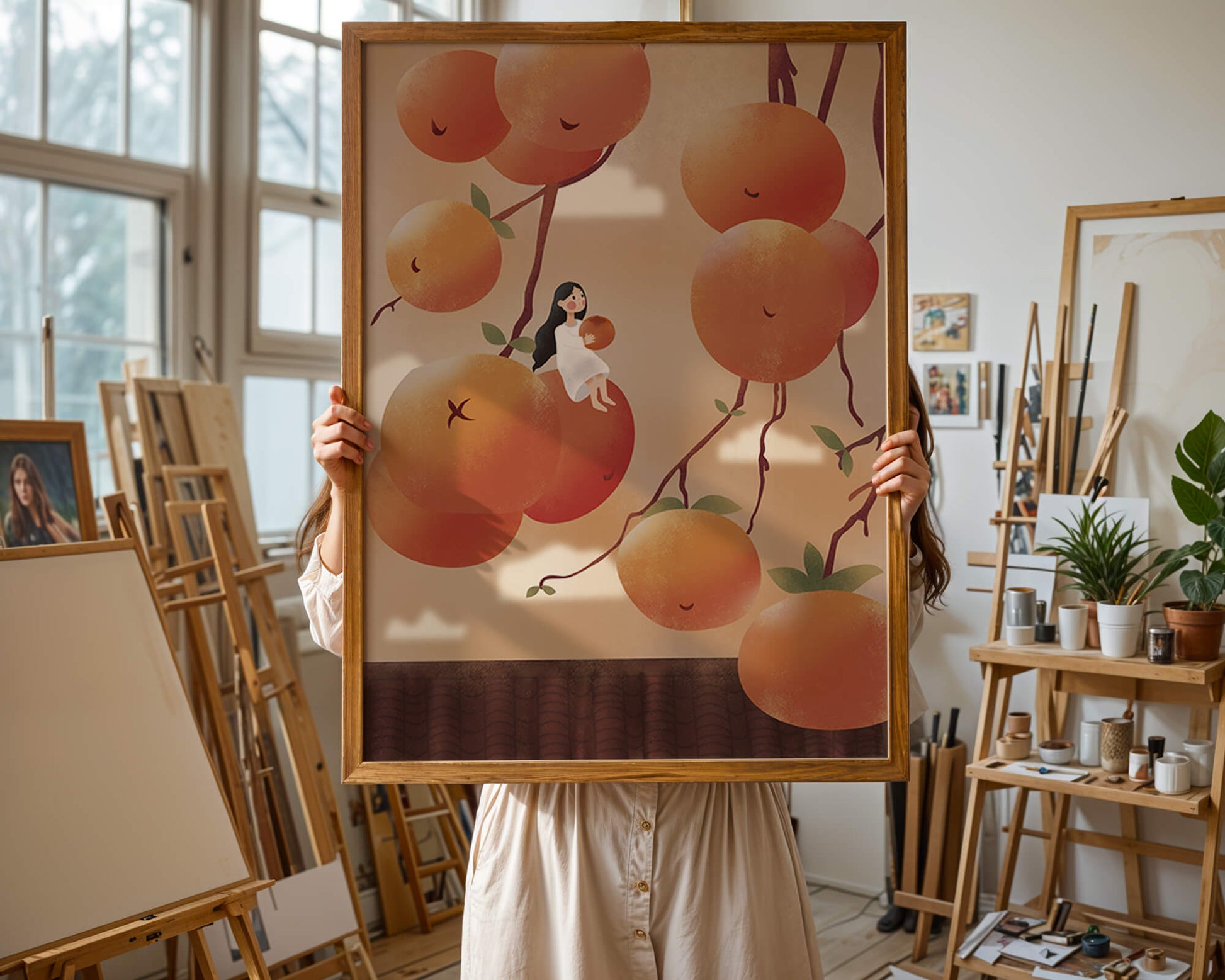 Whimsical illustration of girl with giant oranges and branches