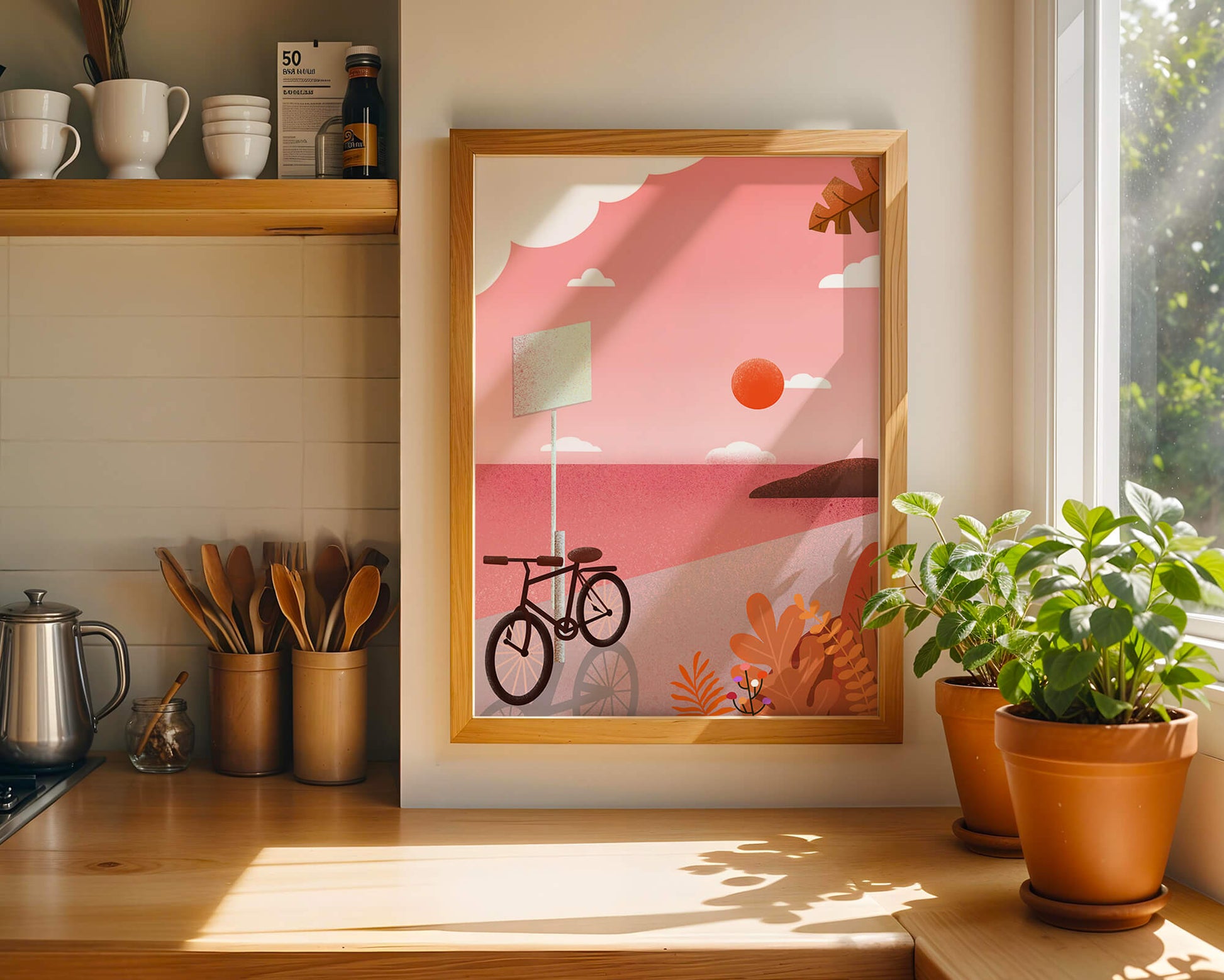 Serene sunset with bicycle by the sea in pastel colors