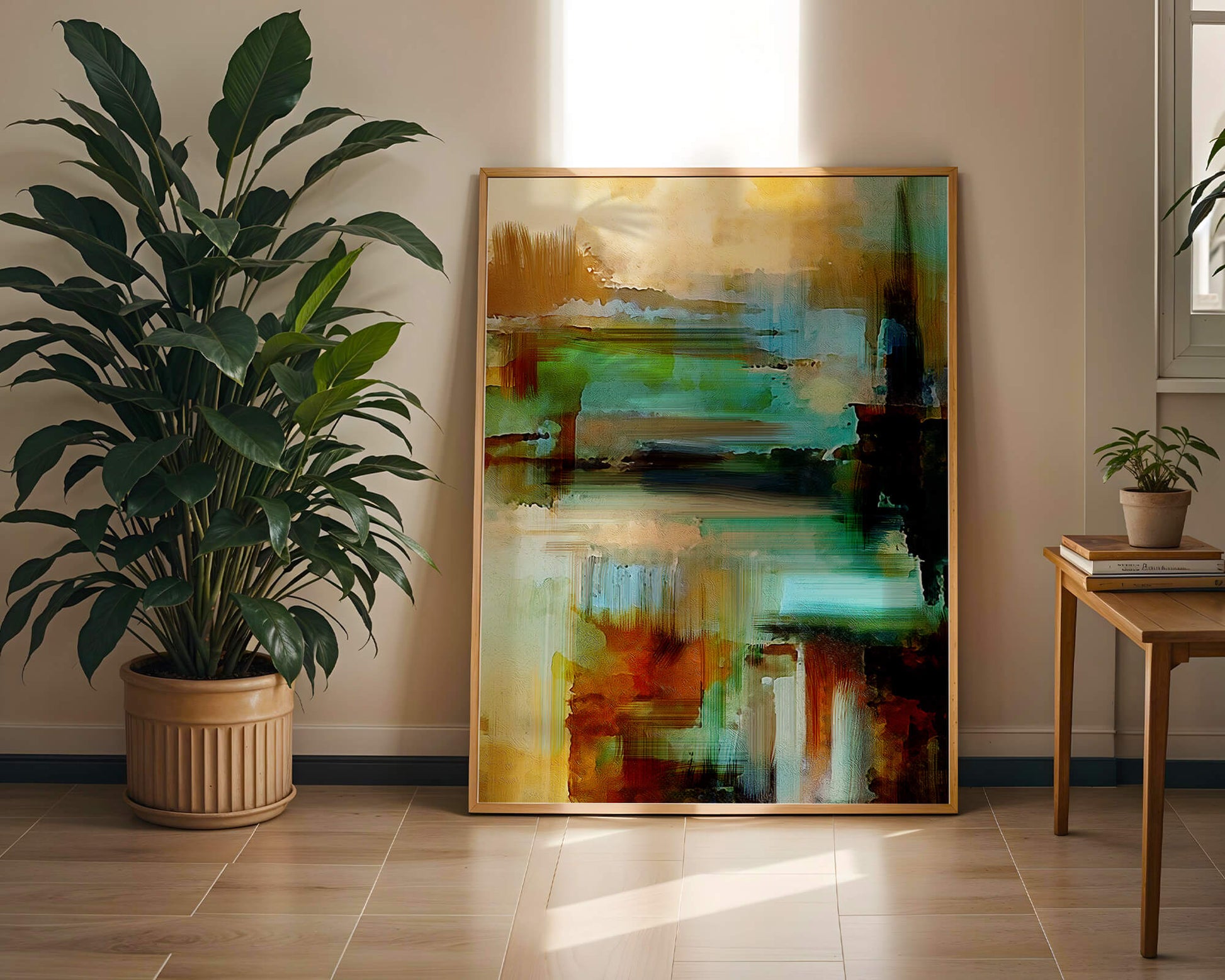 Abstract Expressionist Colorful Landscape with Earthy and Aqua Tones