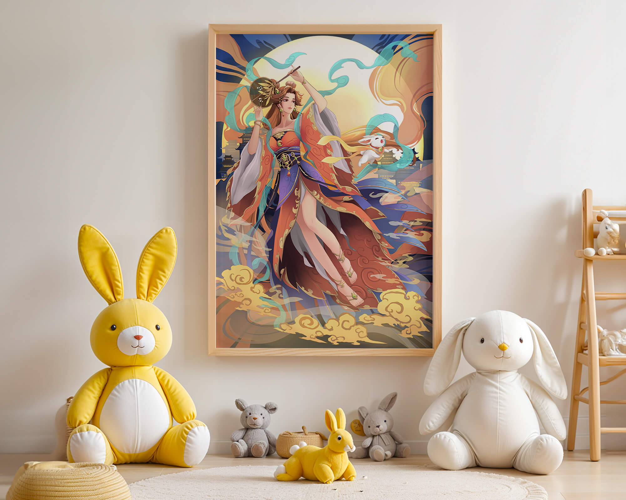 Elegant goddess with flowing robes against a mystical backdrop