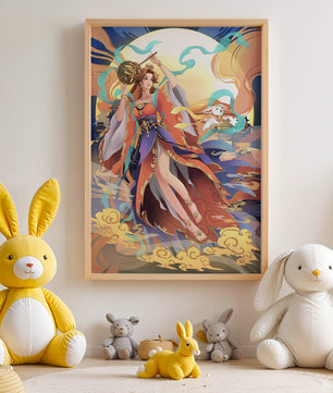 Elegant goddess with flowing robes against a mystical backdrop