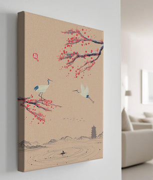 Paysage asiatique élégant avec des grues et des branches de cerisier en fleurs