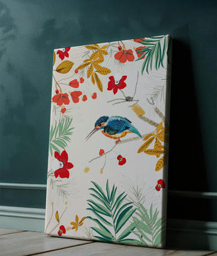 Oiseaux et feuillages colorés dans un décor botanique tropical