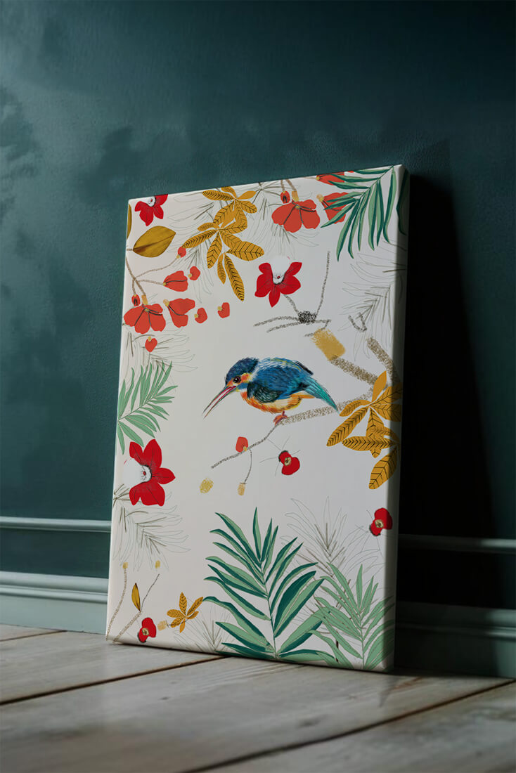 Oiseaux et feuillages colorés dans un décor botanique tropical