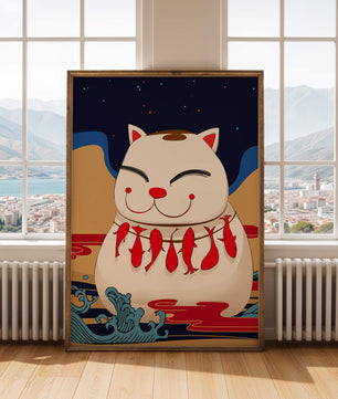 Japanese Lucky Cat with Fish Design in a Surreal Landscape