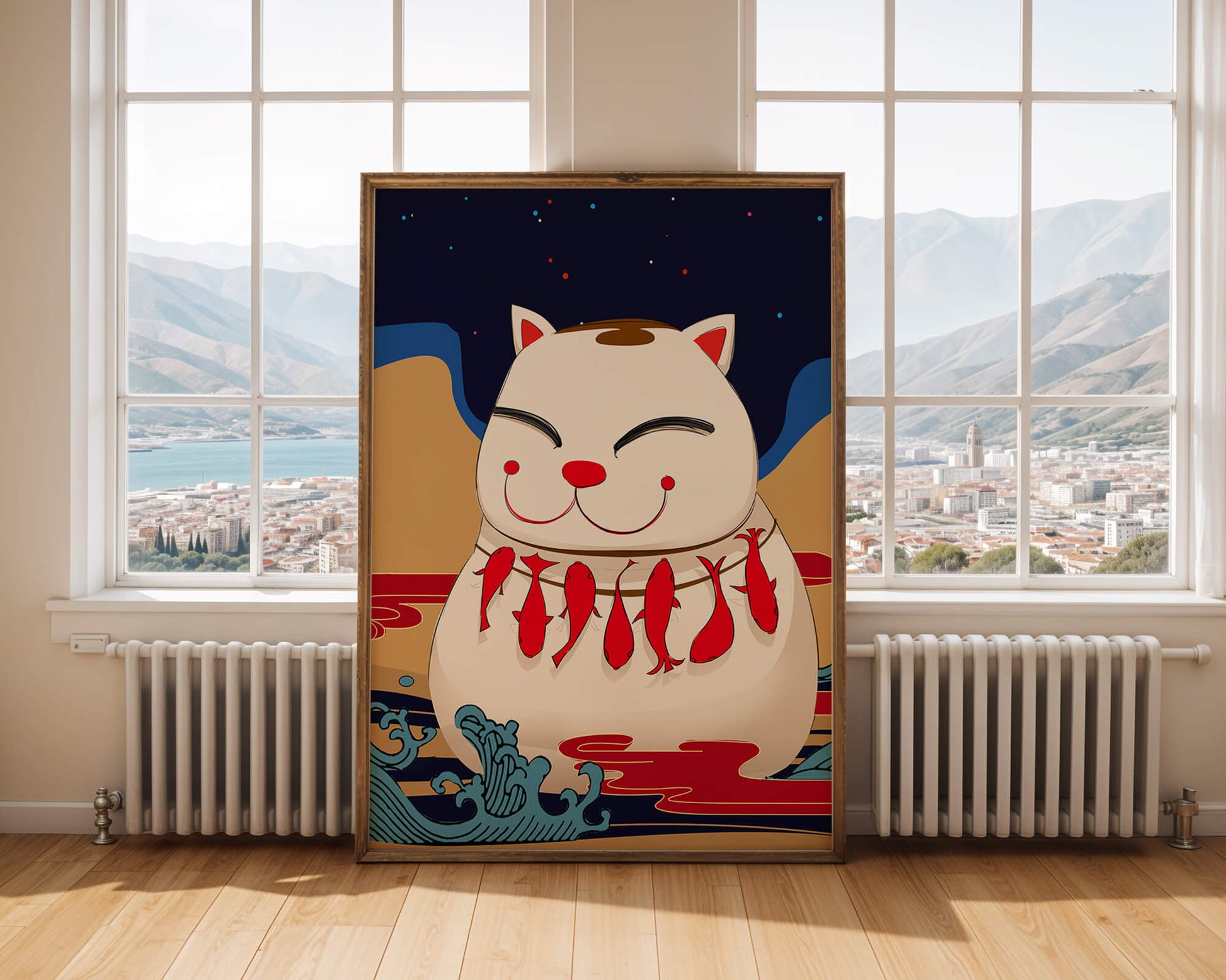 Japanese Lucky Cat with Fish Design in a Surreal Landscape