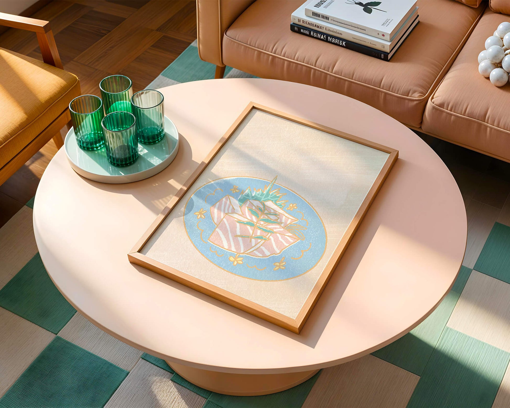 Ilustración de rodajas de sushi fresco en un plato decorativo