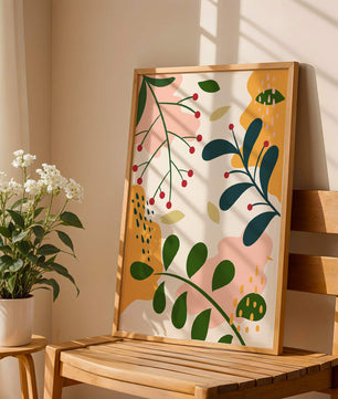 Farbenfrohes abstraktes Blumenmuster mit grünen und gelben Blättern 