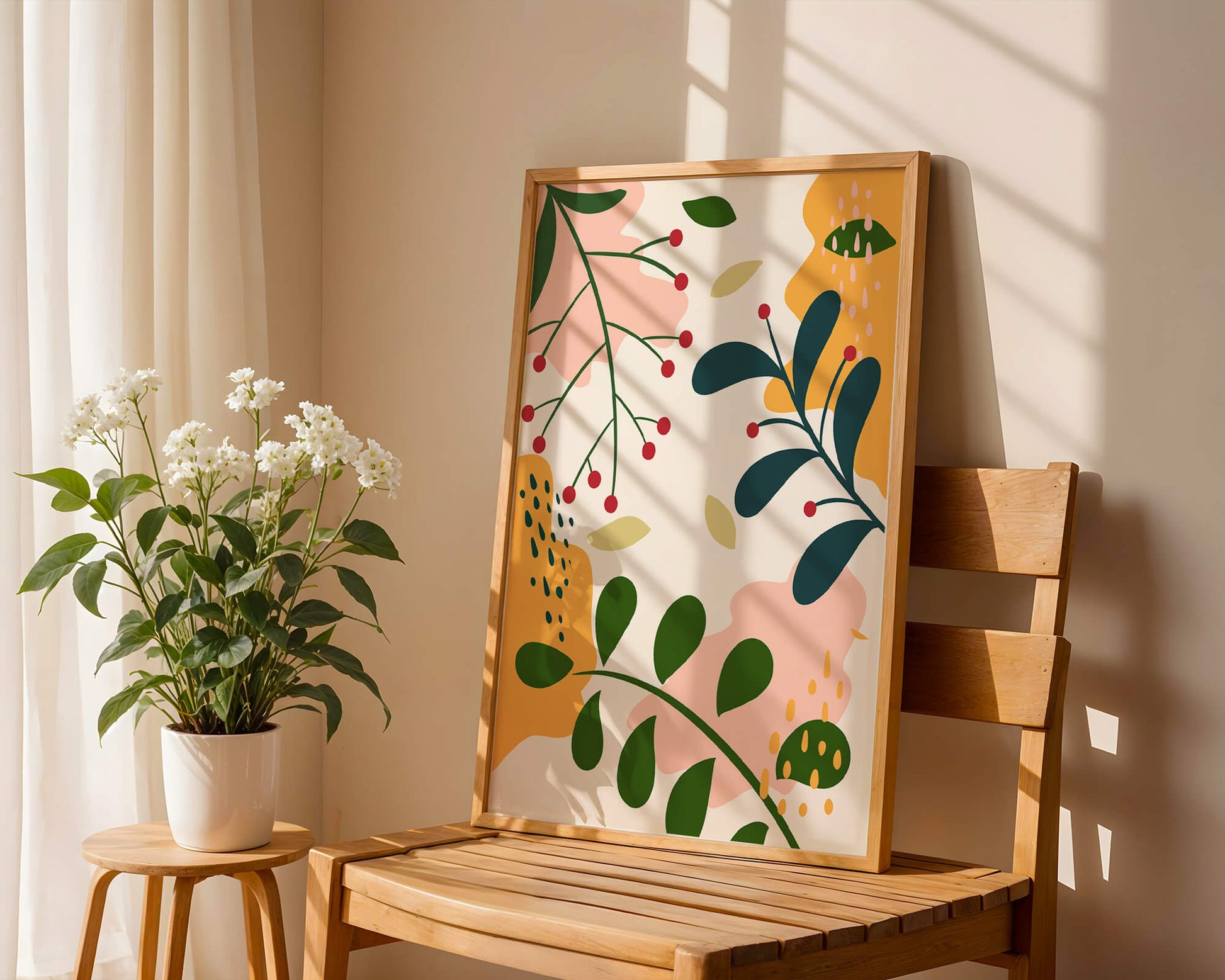 Farbenfrohes abstraktes Blumenmuster mit grünen und gelben Blättern 