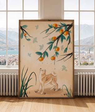 Illustration of a dog gazing at fruit-laden tree branches in nature