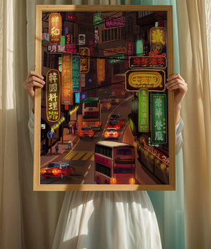 Vibrant urban street with neon signs and bustling traffic at night
