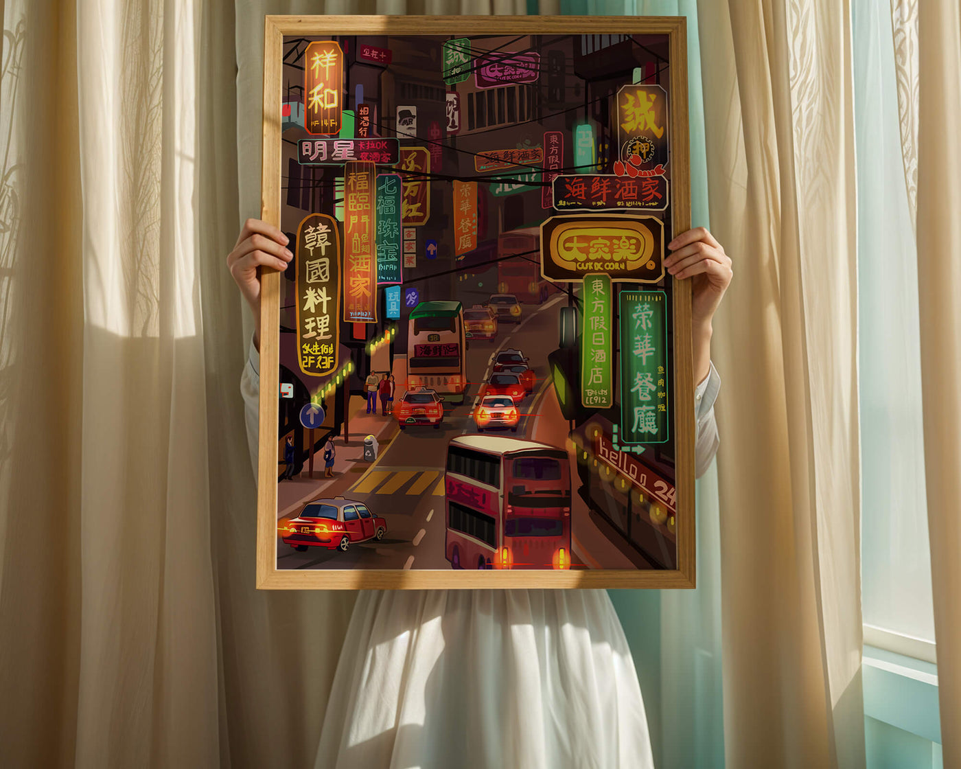 Vibrant urban street with neon signs and bustling traffic at night