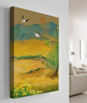 Ruhige Landschaft mit fliegenden Kranichen und goldenen Blüten