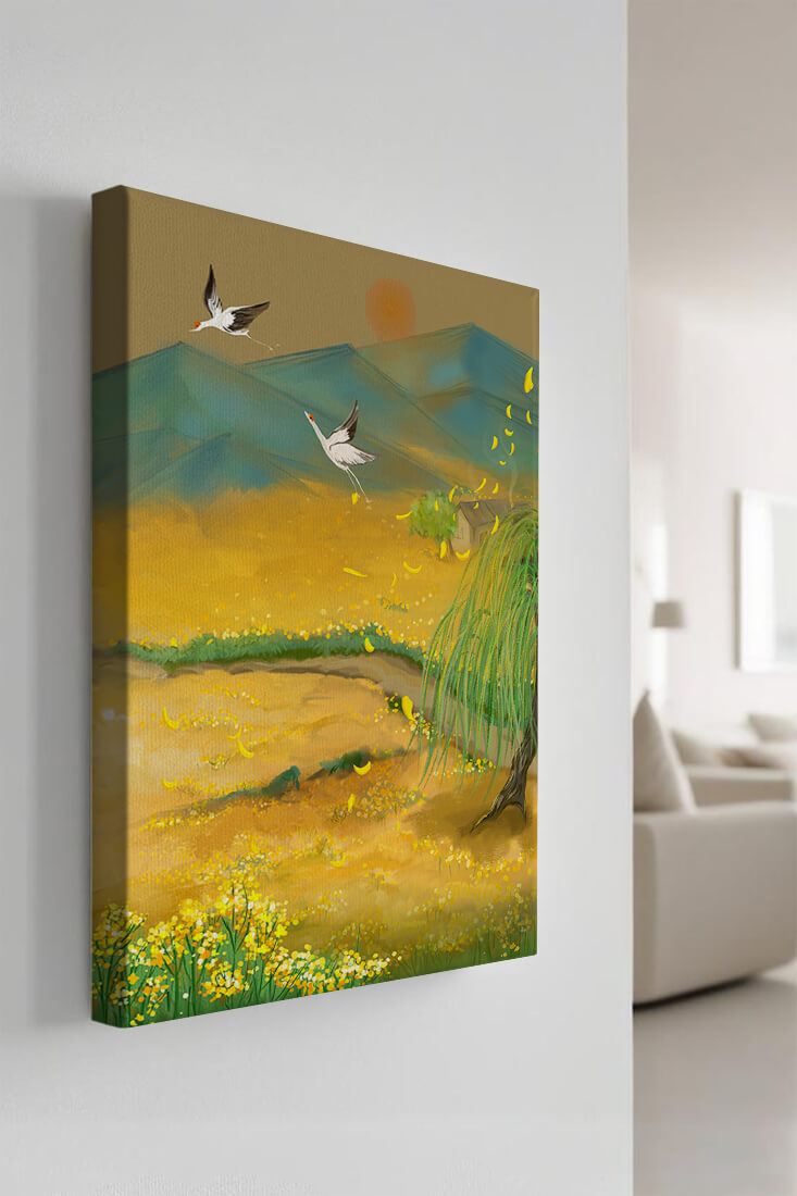 Ruhige Landschaft mit fliegenden Kranichen und goldenen Blüten