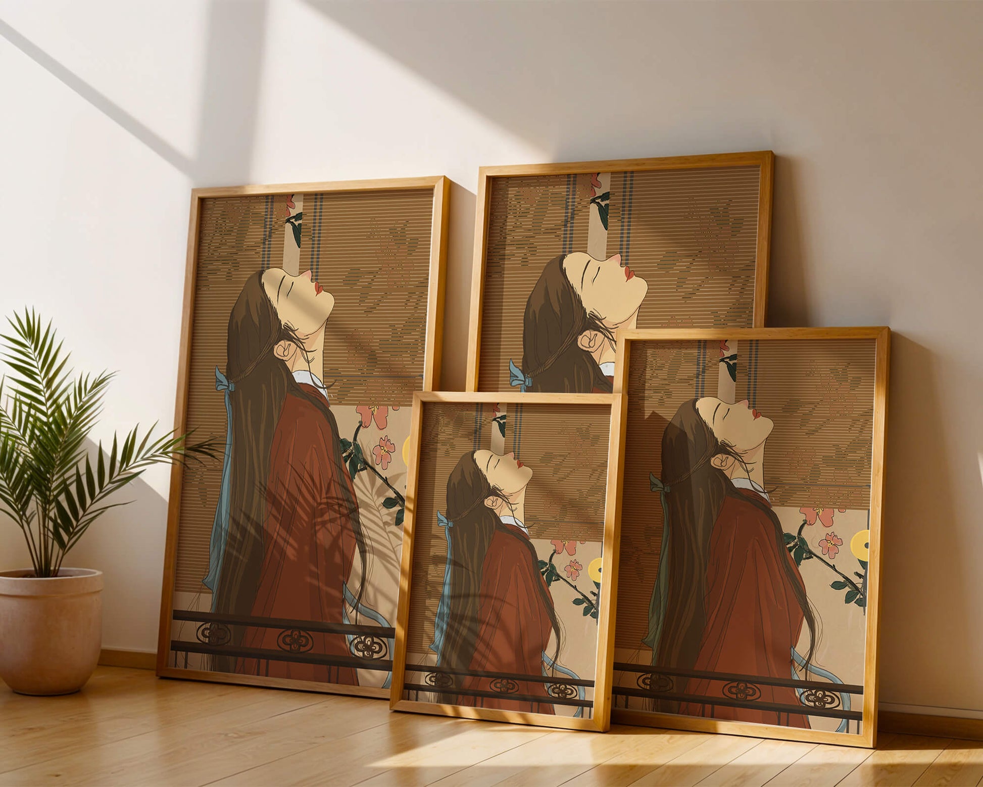 Mujer elegante con atuendo tradicional y fondo floral