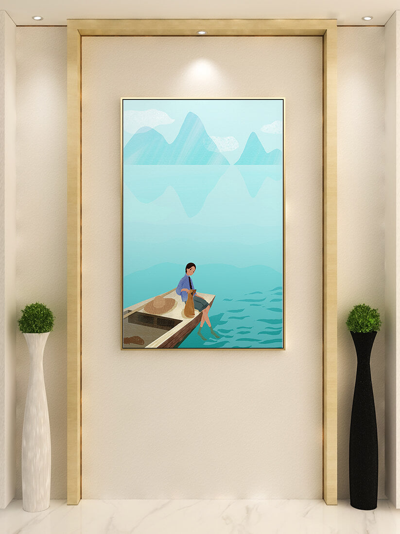 Serene scene with woman and dog on a boat by tranquil waters