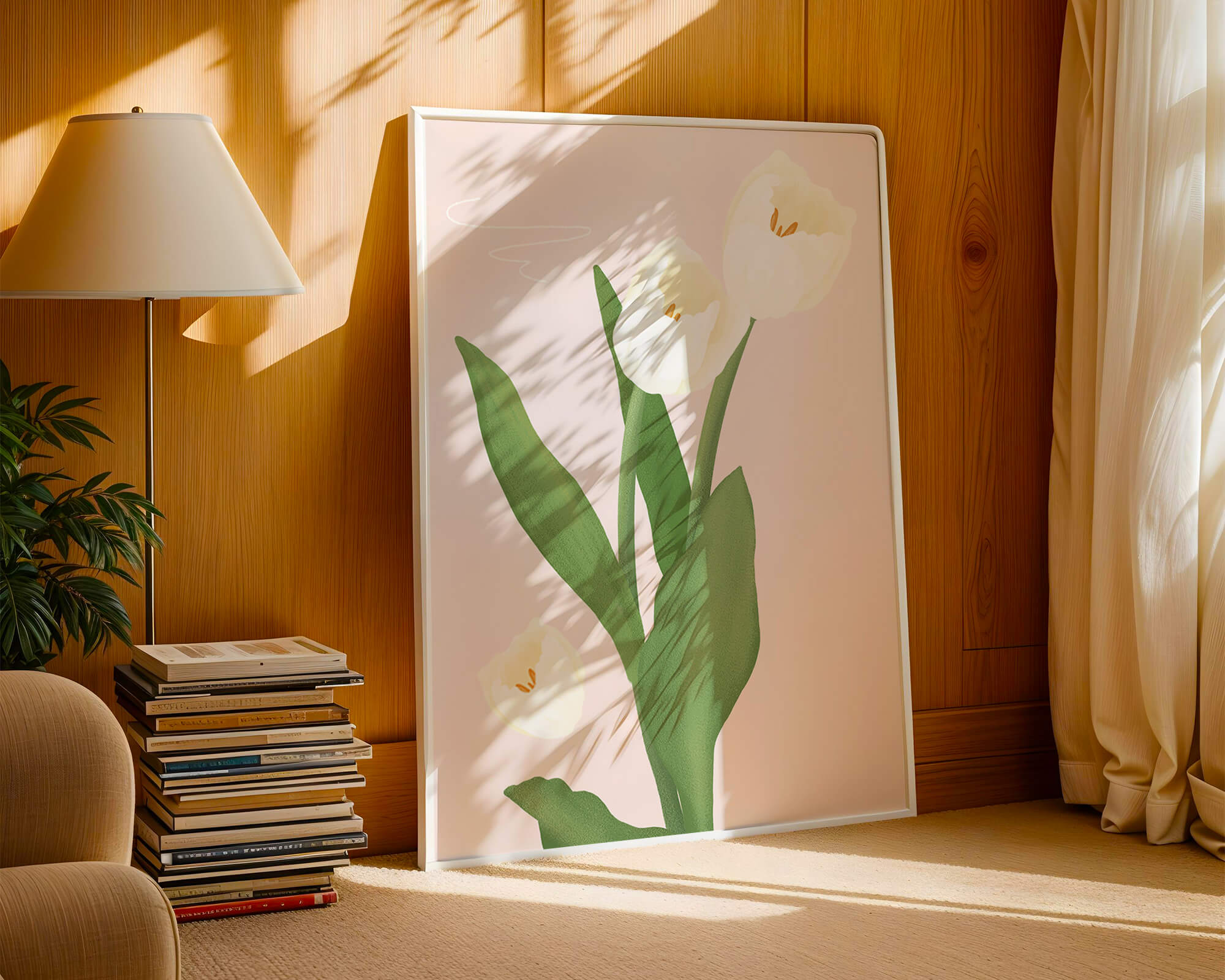 Elegant white tulips illustration on pastel background