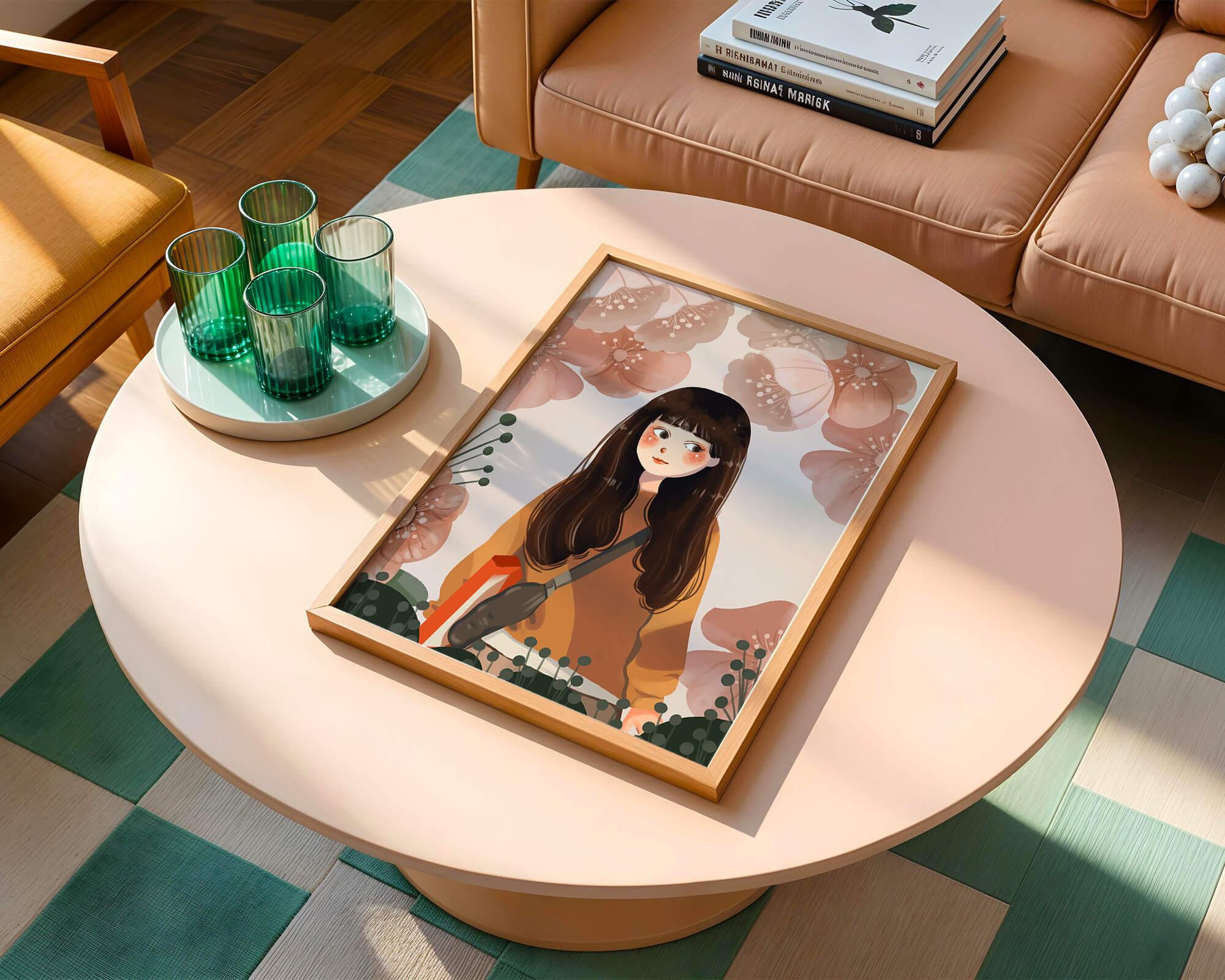 Illustration of girl with flowers in soft pastel hues