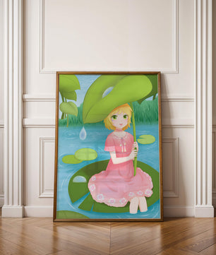 Whimsical Illustration of a Young Girl in a Pink Dress Sitting on a Lily Pad