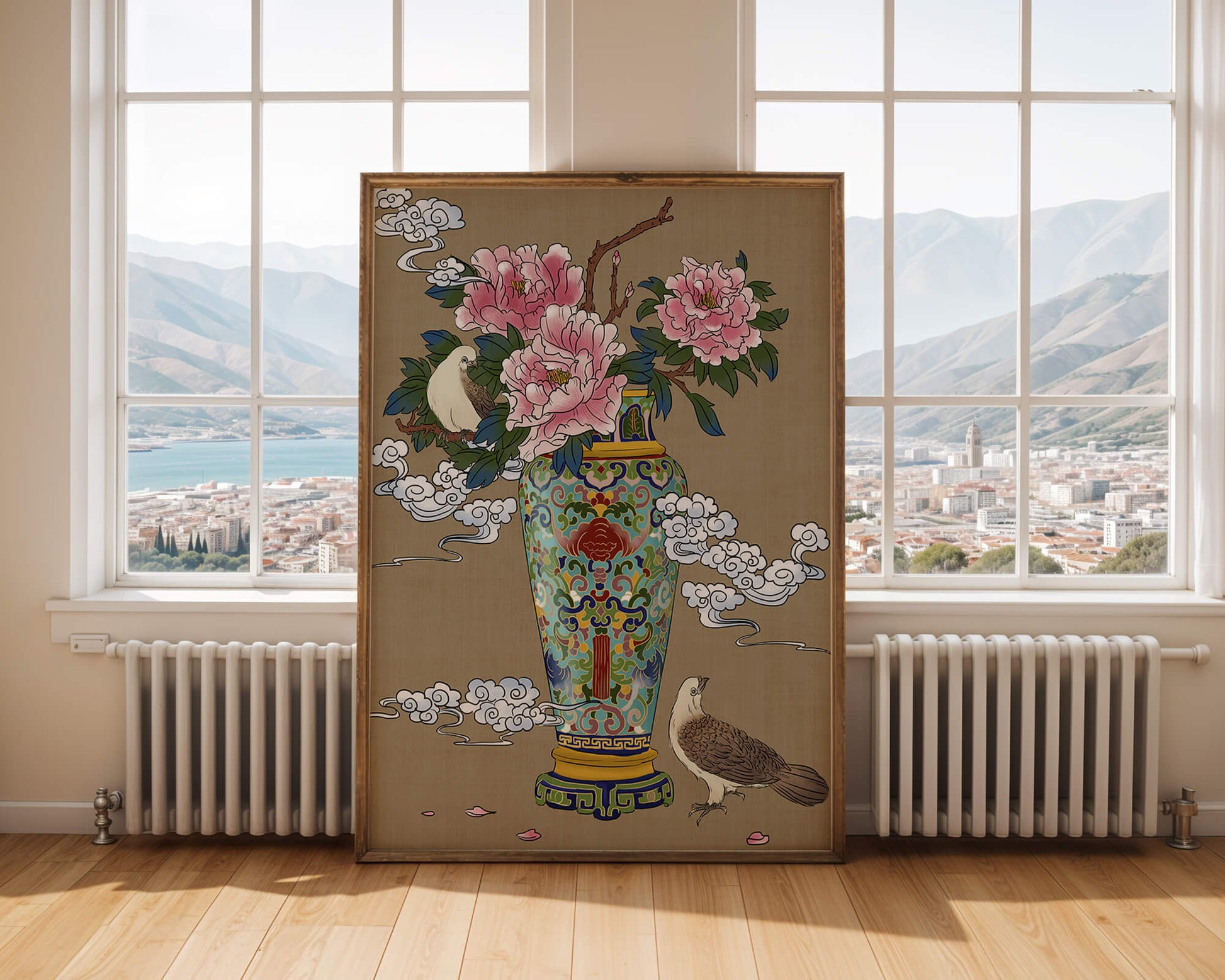 Elegant Asian Style Vase with Peonies and Birds