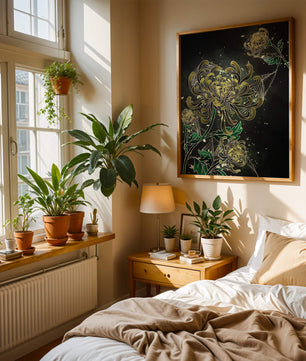 Œuvre élégante de chrysanthèmes dorés et verts sur fond sombre