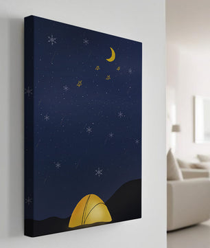 Camping Under Night Sky with Stars and Crescent Moon