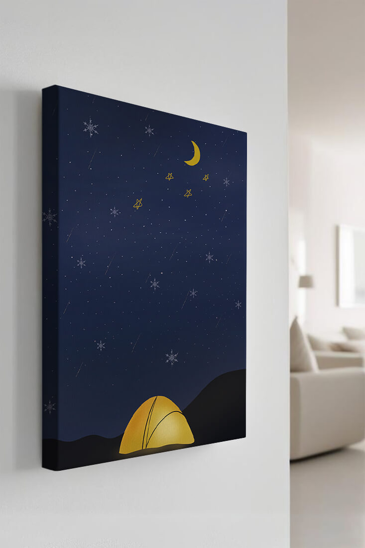 Camping Under Night Sky with Stars and Crescent Moon