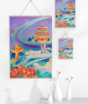 Colorful futuristic landscape with traditional Chinese architecture and high-speed train