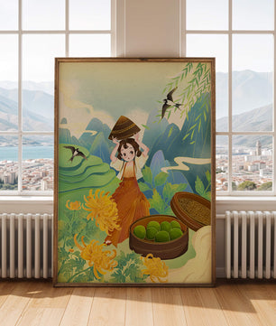 Young girl with basket in vibrant mountain landscape with birds and flowers