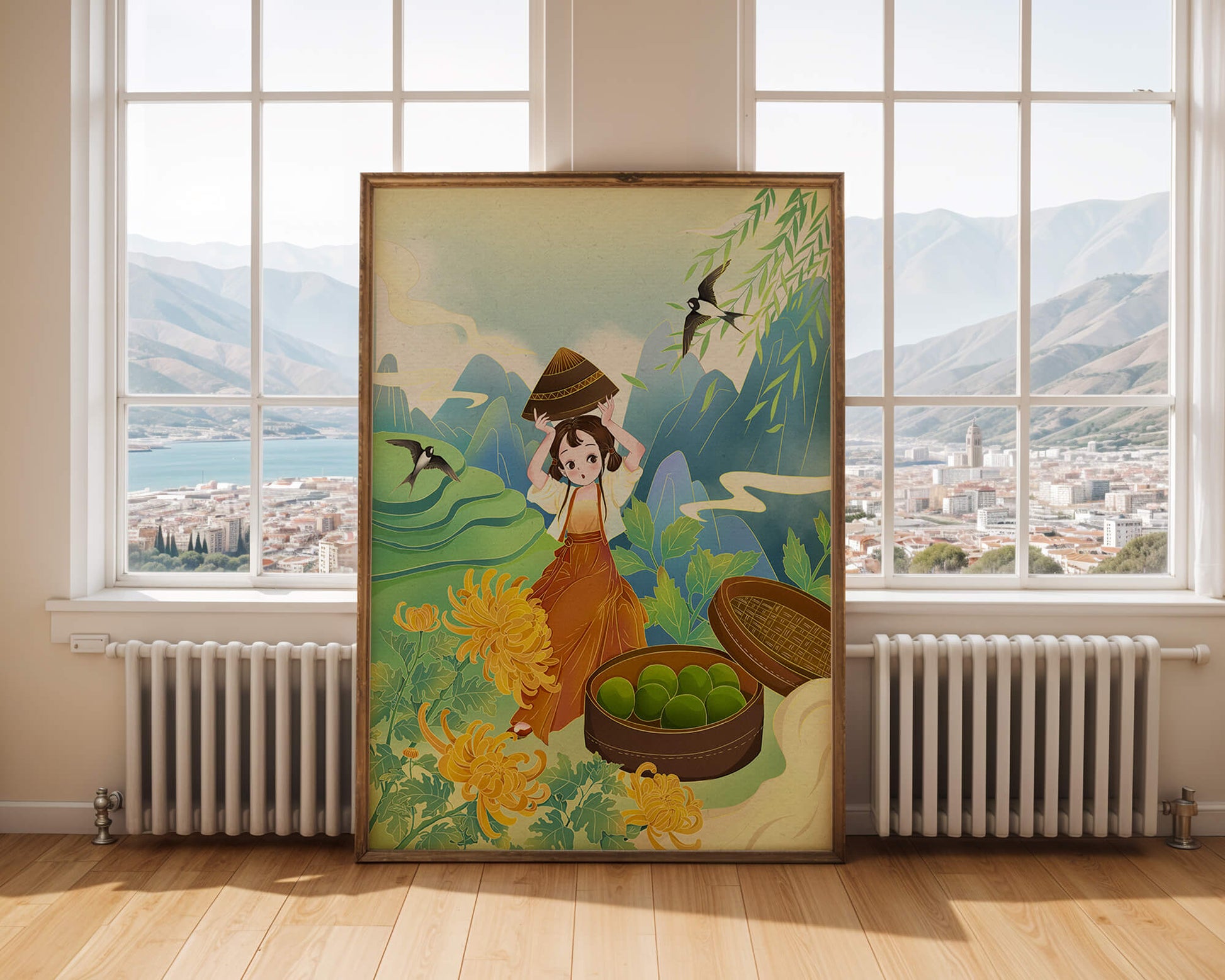 Young girl with basket in vibrant mountain landscape with birds and flowers