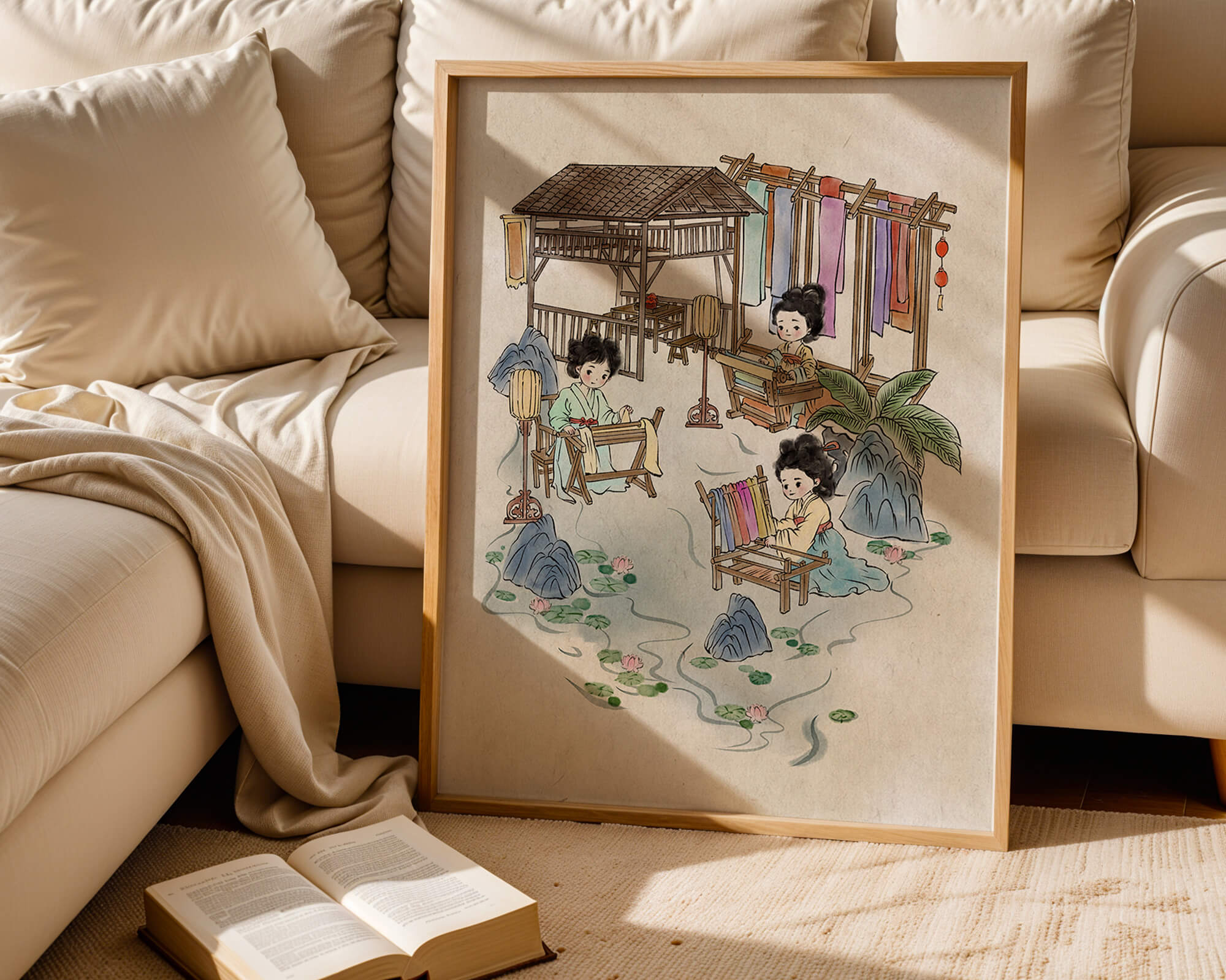 Charming illustration of traditional textile crafts in a serene setting
