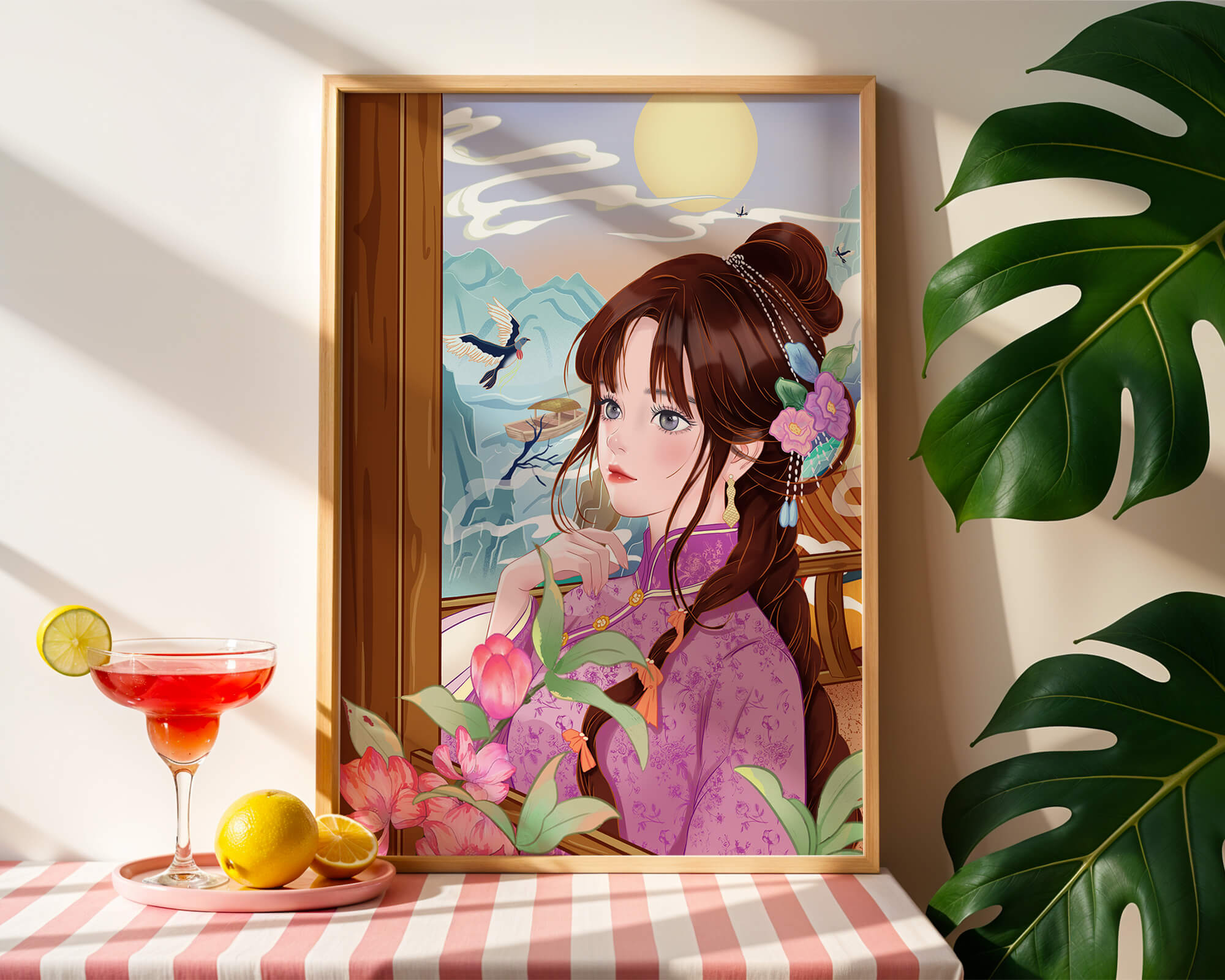 Serene landscape with a woman in traditional dress and mountain view