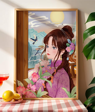 Serene landscape with a woman in traditional dress and mountain view