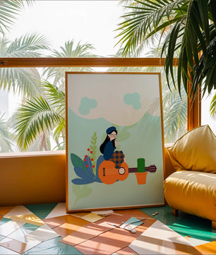 Illustration of a woman with coffee sitting on a guitar surrounded by foliage