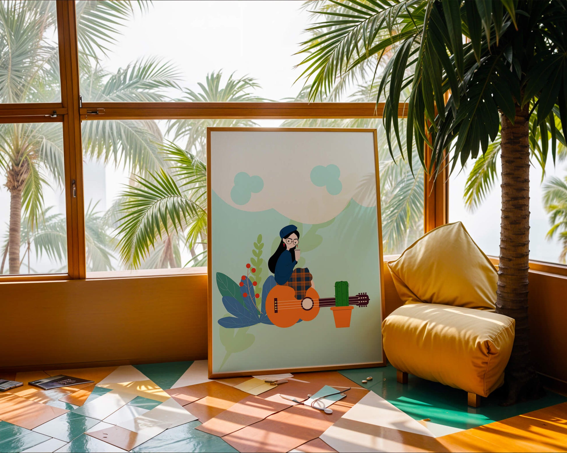 Illustration of a woman with coffee sitting on a guitar surrounded by foliage
