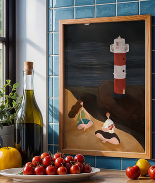 Peaceful Beach Scene with Lighthouse at Night