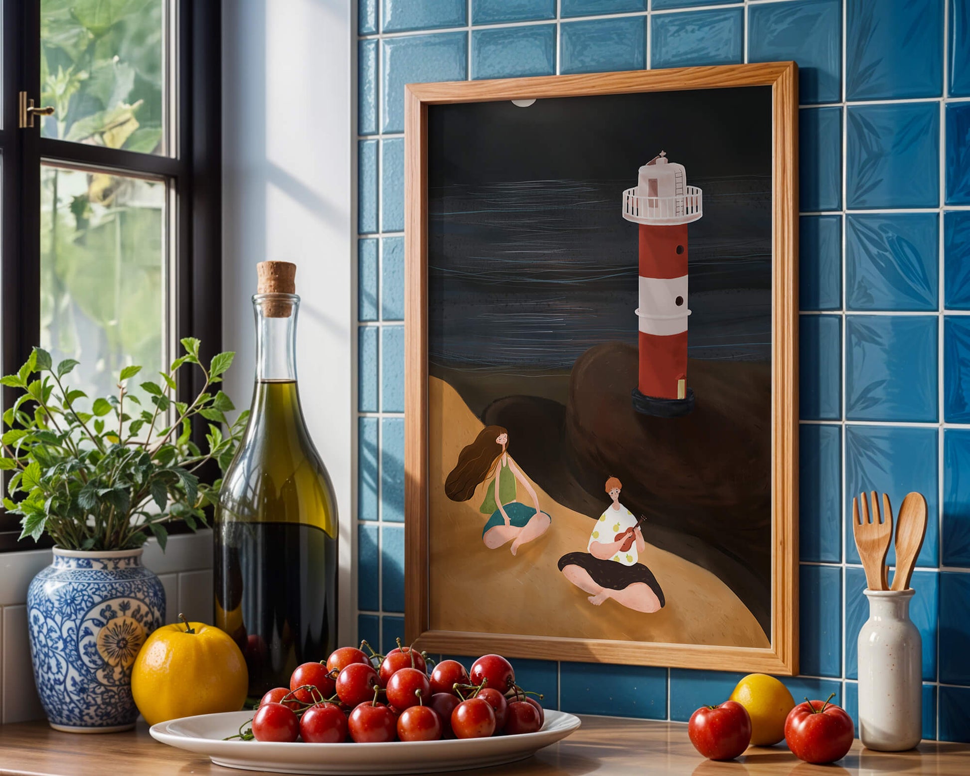 Escena de playa tranquila con faro por la noche